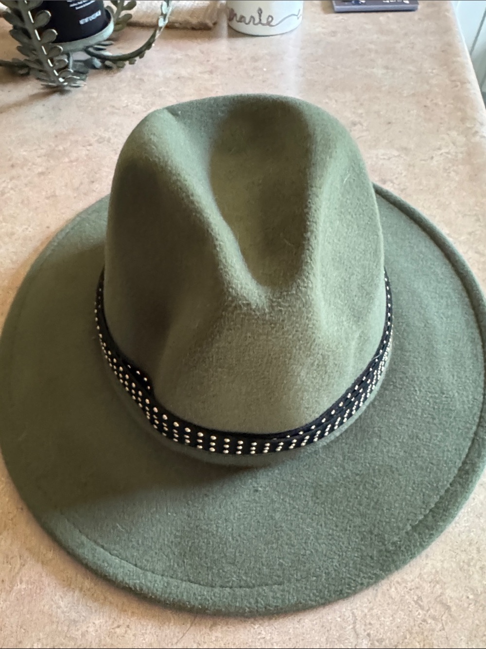 Women's Olive Green Wool Felt Fedora Hat with Studded Band